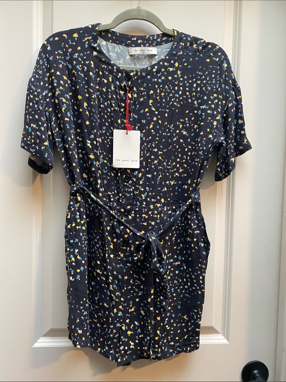 NWT The Good Jane Navy Short Sleeve Button-up multicolored terrazzo Romper